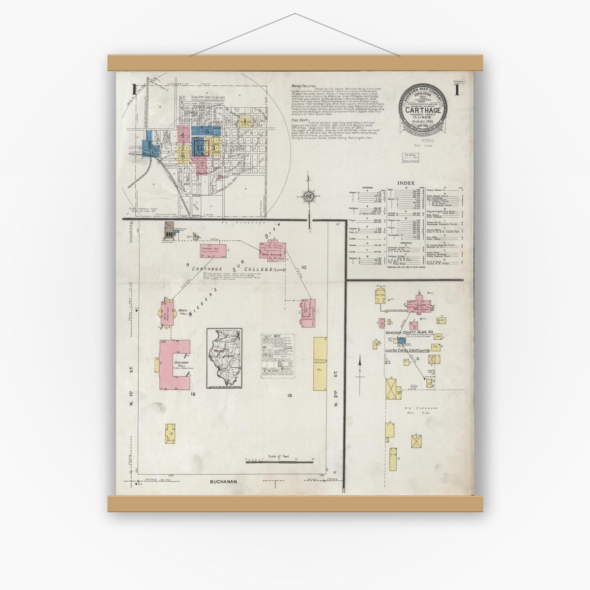 Old map wall art mockup — magnetic wood frame on white wall — Sanborn Fire Insurance Map from Carthage, Hancock County, Illinois (1926) - Complete Map Set