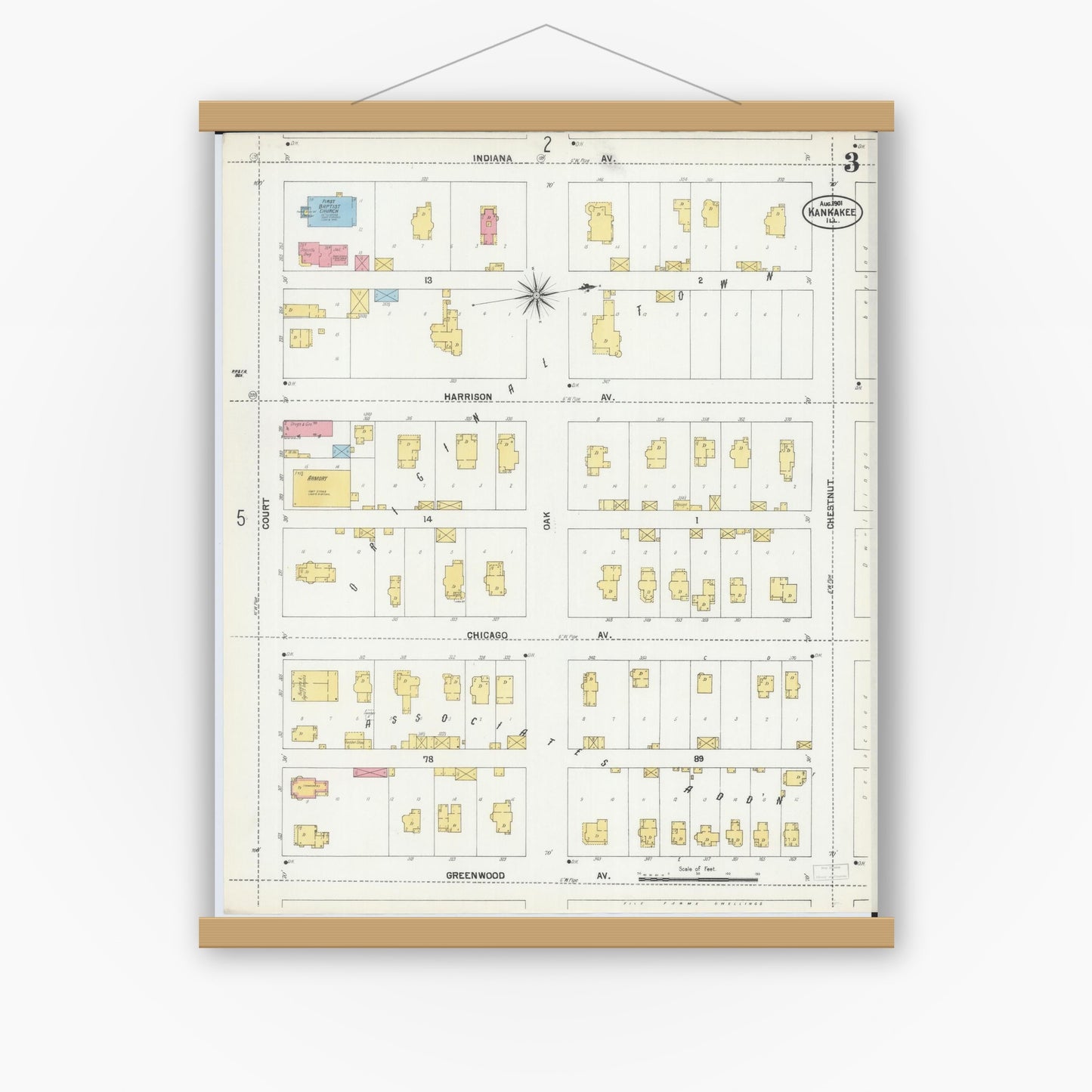 Old map wall art mockup — magnetic wood frame on white wall — Sanborn Fire Insurance Map from Kankakee, Kankakee County, Illinois (1901), Sheet #0003