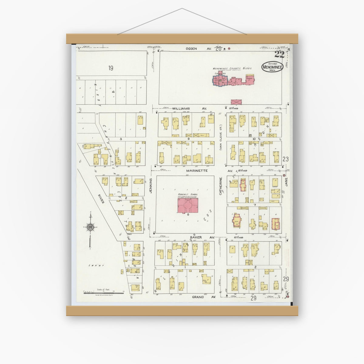 Old map wall art mockup — magnetic wood frame on white wall — Sanborn Fire Insurance Map from Menominee, Menominee County, Michigan (1921), Sheet #0022