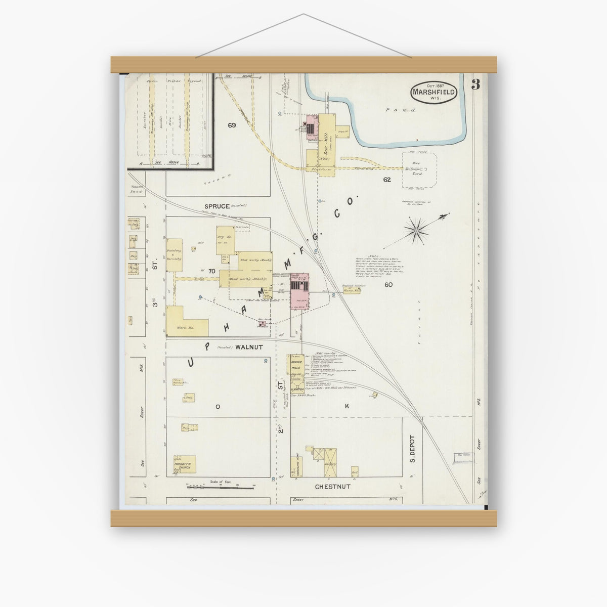 Old map wall art mockup — magnetic wood frame on white wall — Sanborn Fire Insurance Map from Marshfield, Wood County, Wisconsin (1887), Sheet #0003