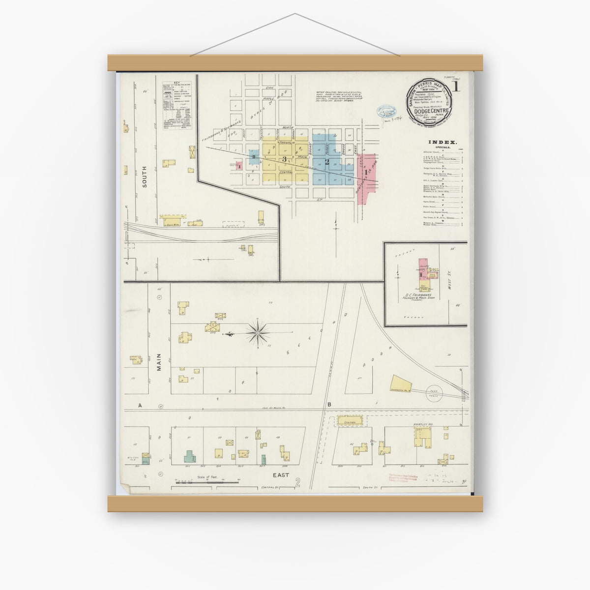 Old map wall art mockup — magnetic wood frame on white wall — Sanborn Fire Insurance Map from Dodge Center, Dodge County, Minnesota (1894) - Complete Map Set