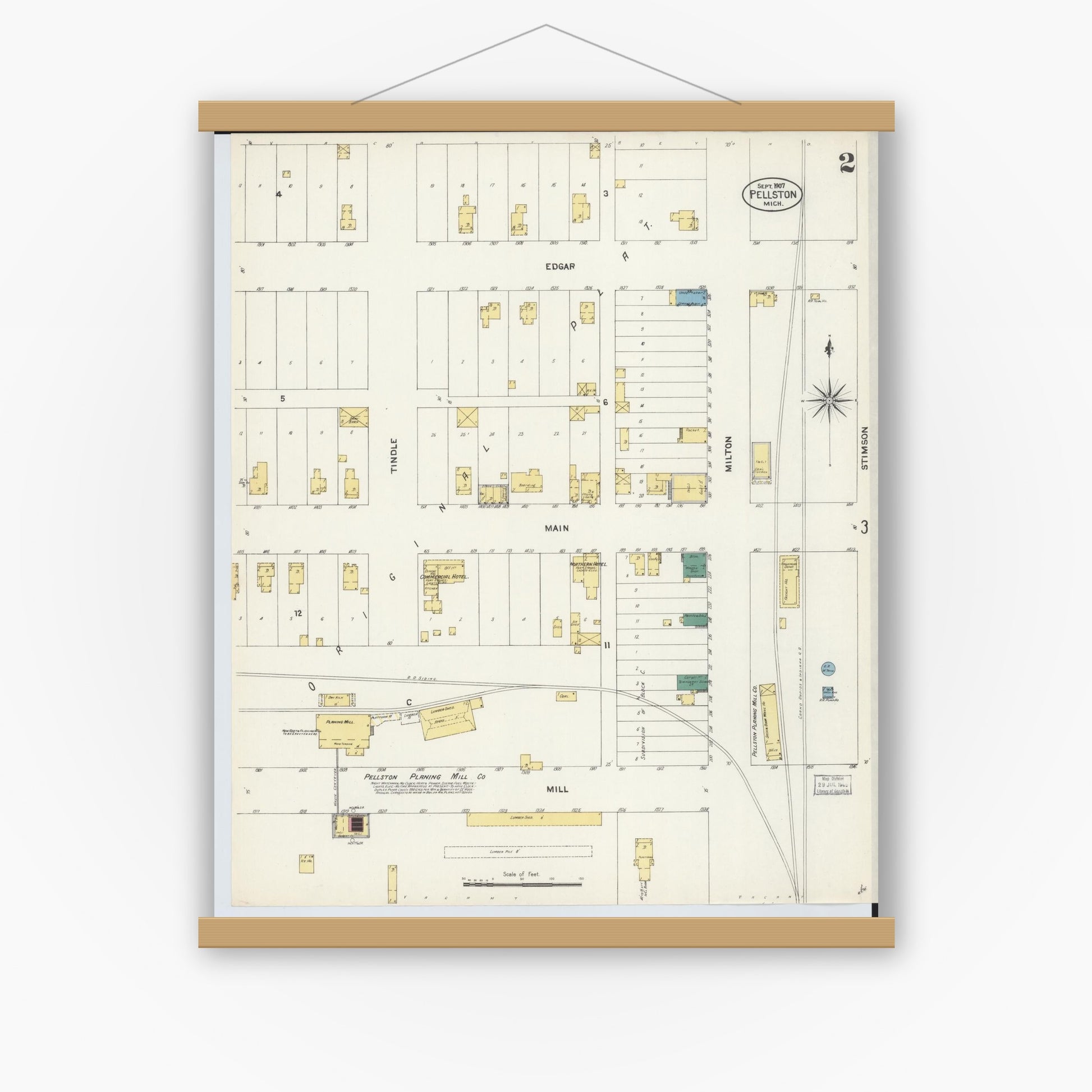 Old map wall art mockup — magnetic wood frame on white wall — Sanborn Fire Insurance Map from Pellston, Emmet County, Michigan (1907), Sheet #0002