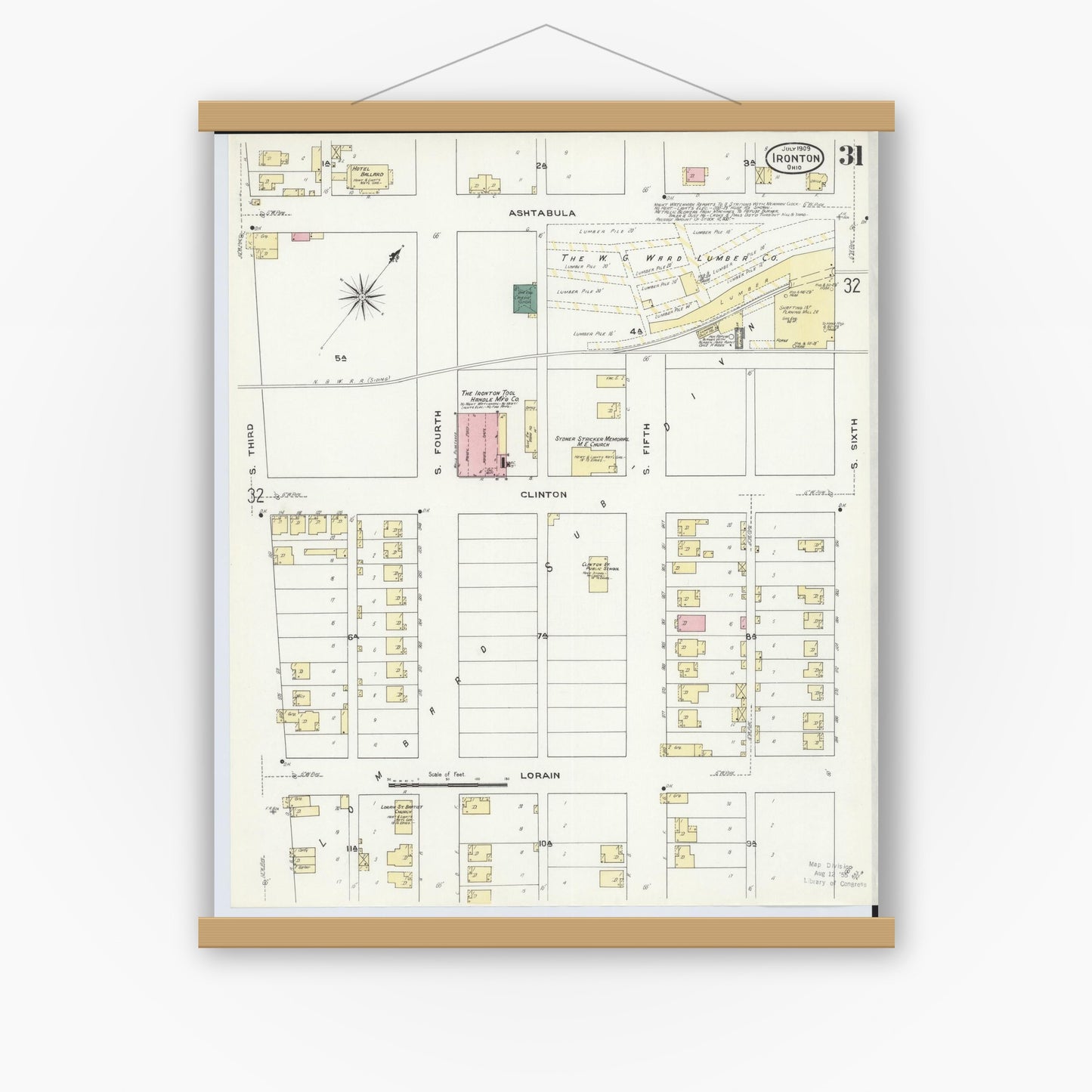 Old map wall art mockup — magnetic wood frame on white wall — Sanborn Fire Insurance Map from Ironton, Lawrence County, Ohio (1909), Sheet #0031