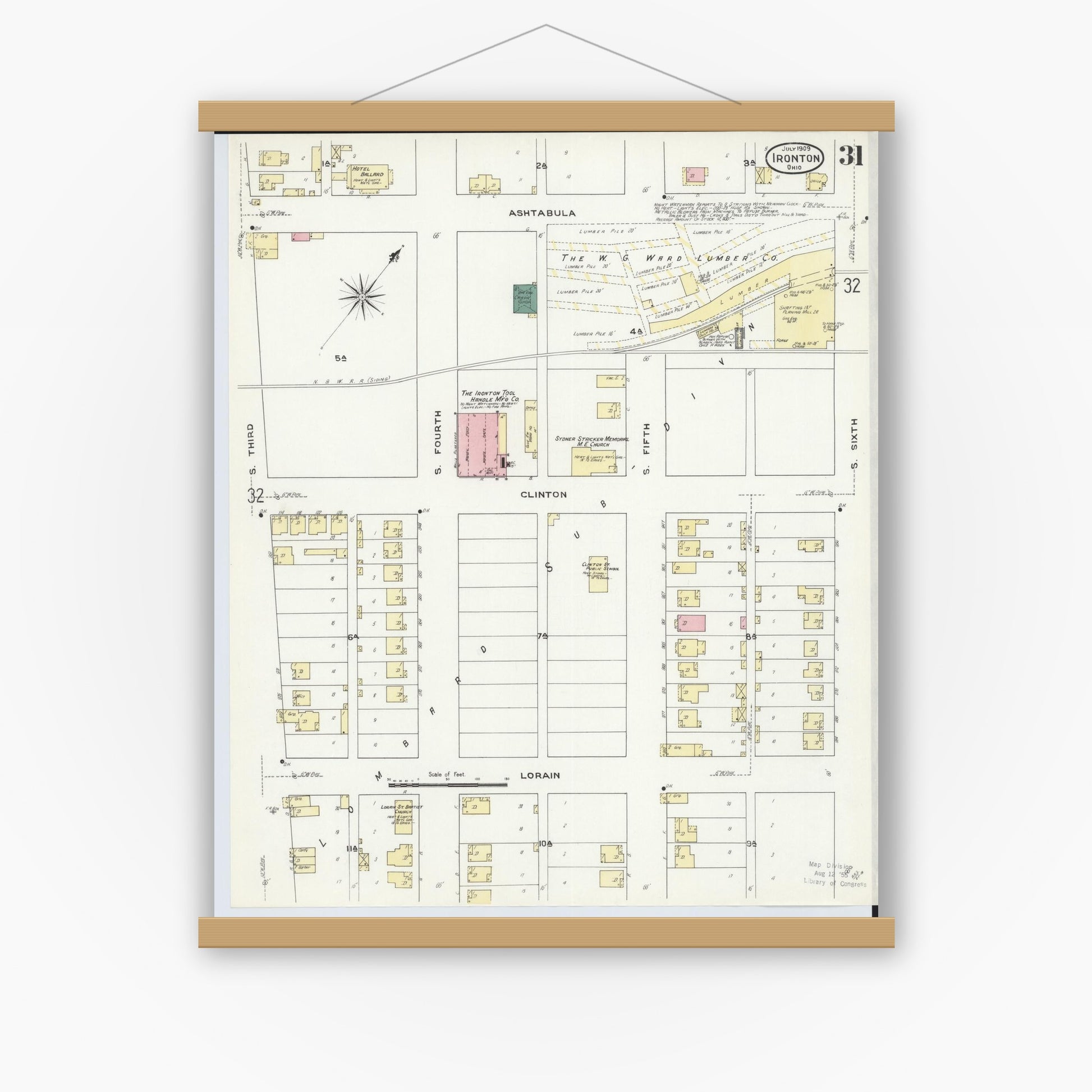 Old map wall art mockup — magnetic wood frame on white wall — Sanborn Fire Insurance Map from Ironton, Lawrence County, Ohio (1909), Sheet #0031