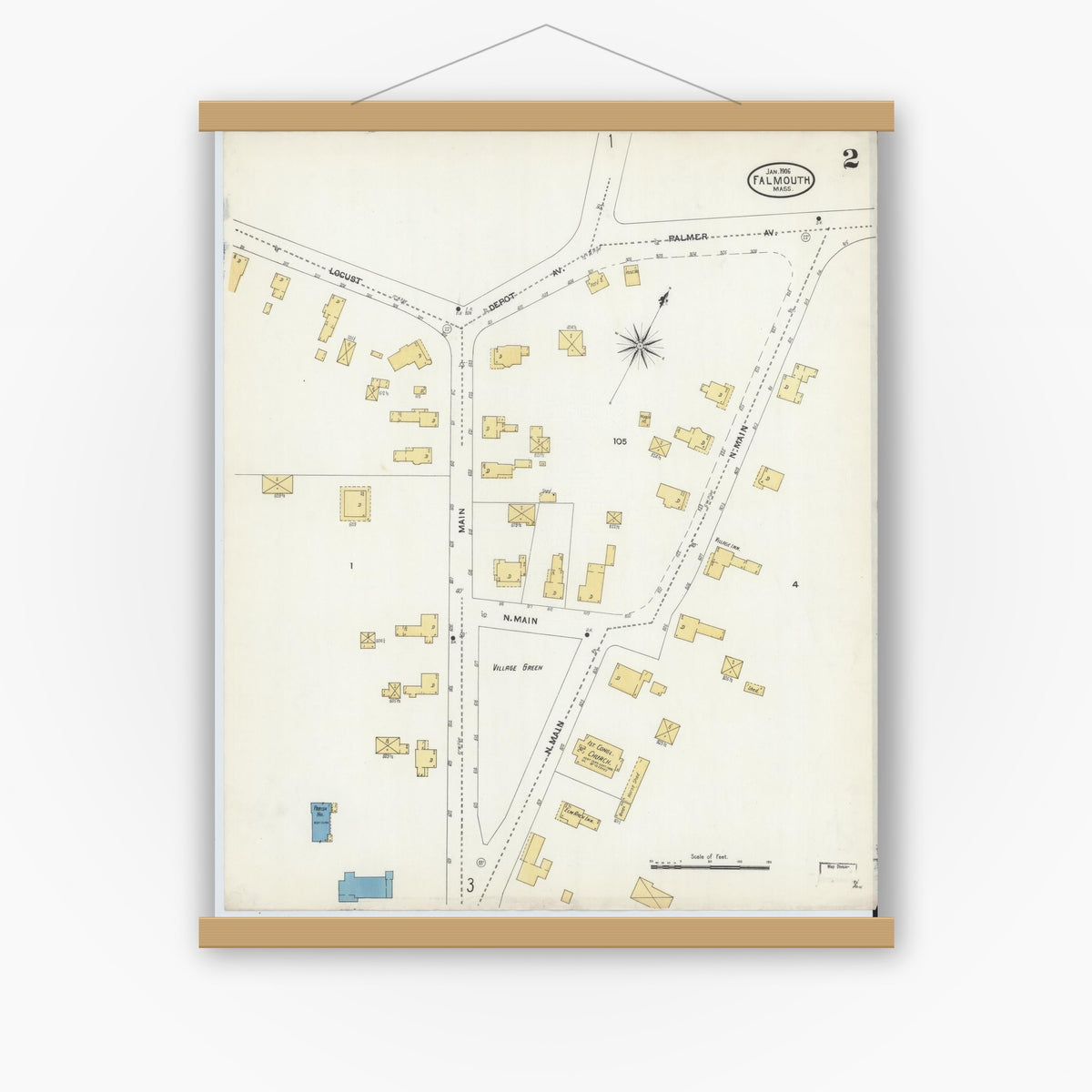 Old map wall art mockup — magnetic wood frame on white wall — Sanborn Fire Insurance Map from Falmouth, Barnstable County, Massachusetts (1906), Sheet #0002