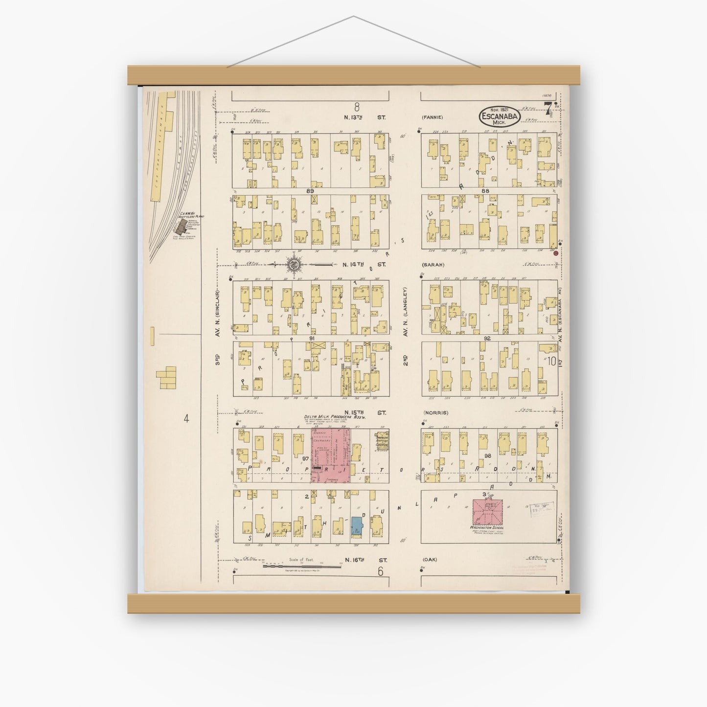 Old map wall art mockup — magnetic wood frame on white wall — Sanborn Fire Insurance Map from Escanaba, Delta County, Michigan (1921), Sheet #0007