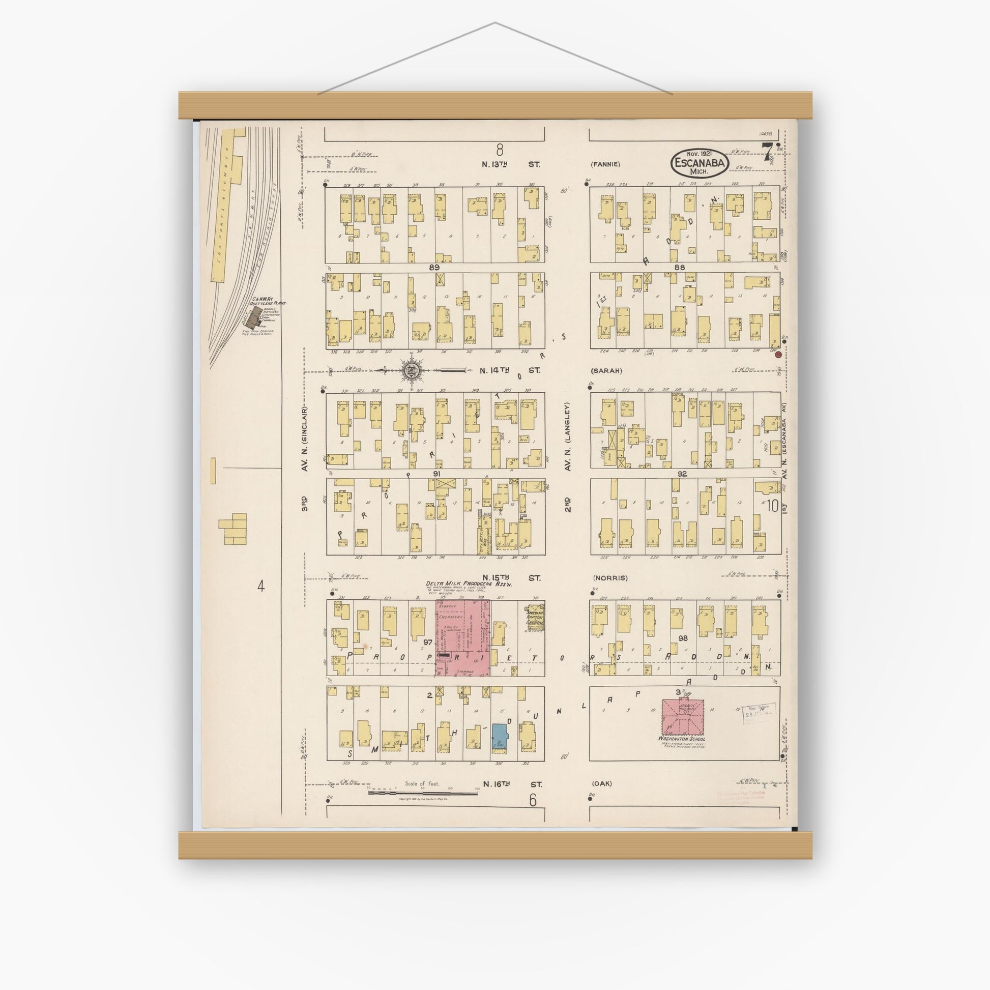 Old map wall art mockup — magnetic wood frame on white wall — Sanborn Fire Insurance Map from Escanaba, Delta County, Michigan (1921), Sheet #0007