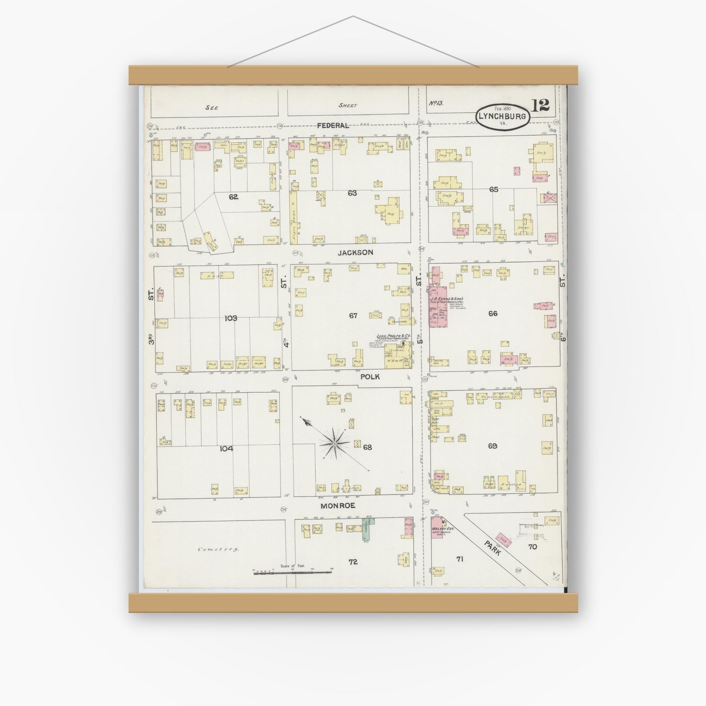 Old map wall art mockup — magnetic wood frame on white wall — Sanborn Fire Insurance Map from Lynchburg, Independent Cities, Virginia (1890), Sheet #0012