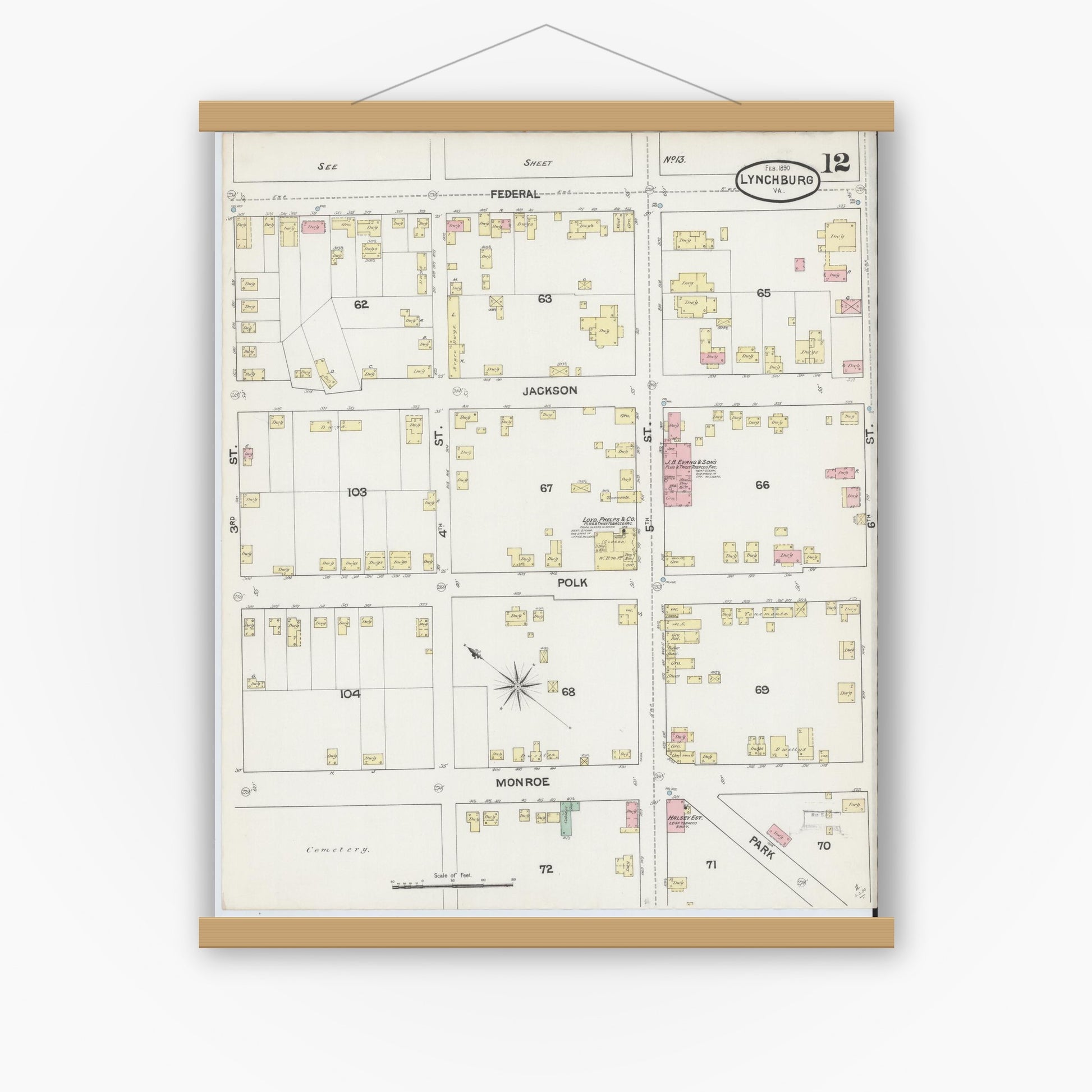 Old map wall art mockup — magnetic wood frame on white wall — Sanborn Fire Insurance Map from Lynchburg, Independent Cities, Virginia (1890), Sheet #0012