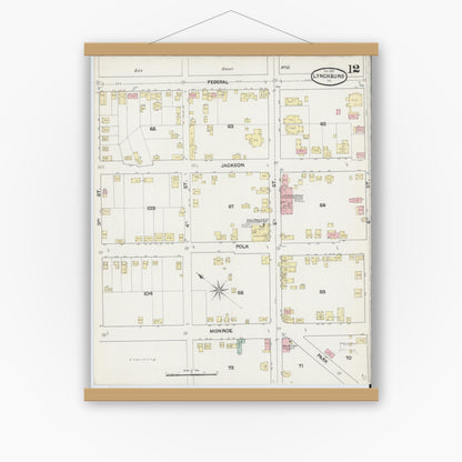 Old map wall art mockup — magnetic wood frame on white wall — Sanborn Fire Insurance Map from Lynchburg, Independent Cities, Virginia (1890), Sheet #0012