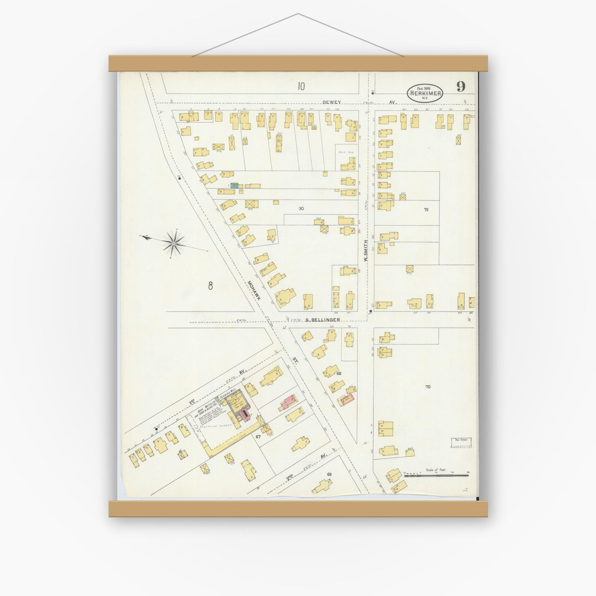 Old map wall art mockup — magnetic wood frame on white wall — Sanborn Fire Insurance Map from Herkimer, Herkimer County, New York (1906), Sheet #0009
