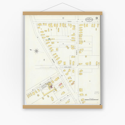 Old map wall art mockup — magnetic wood frame on white wall — Sanborn Fire Insurance Map from Herkimer, Herkimer County, New York (1906), Sheet #0009