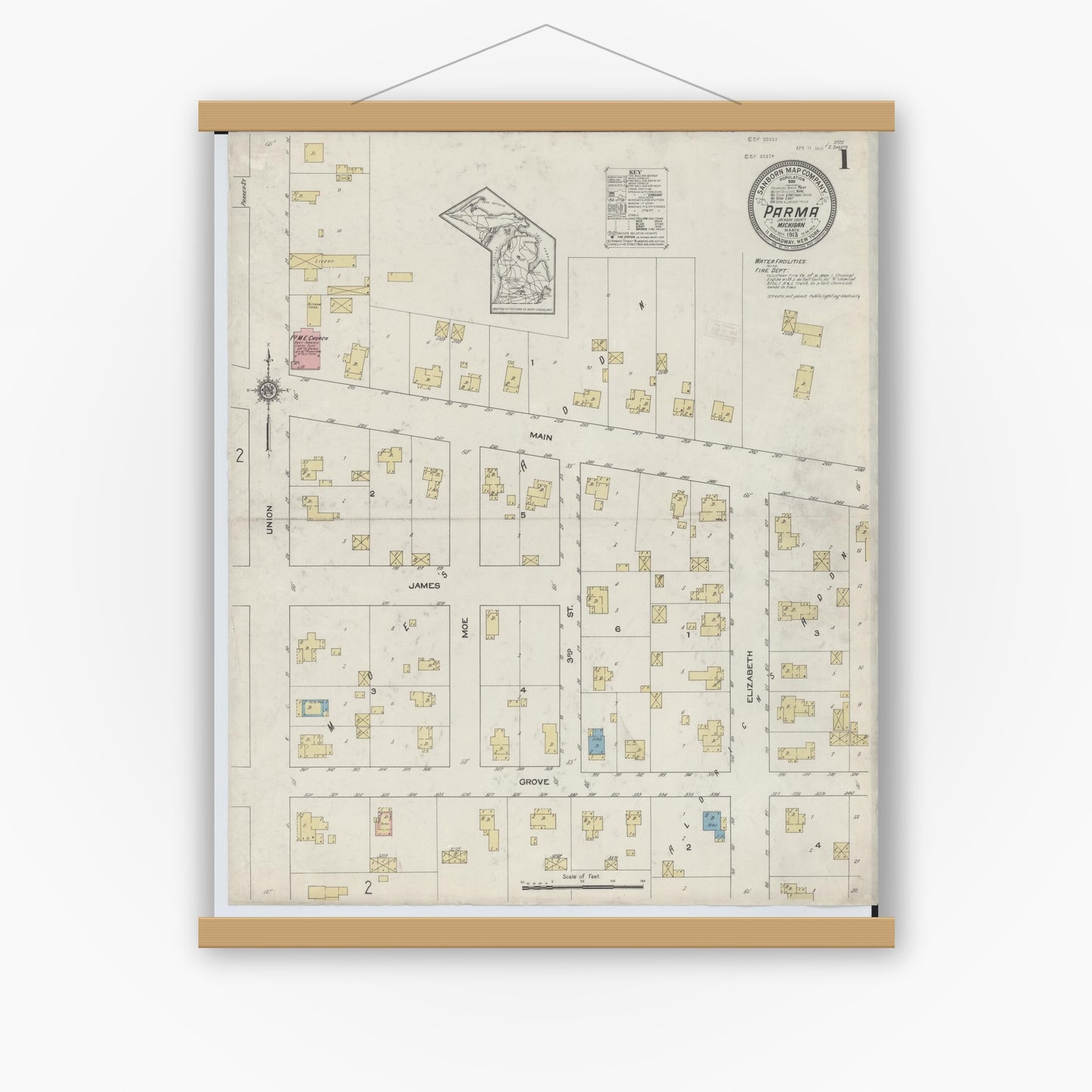 Old map wall art mockup — magnetic wood frame on white wall — Sanborn Fire Insurance Map from Parma, Jackson County, Michigan (1913) - Complete Map Set