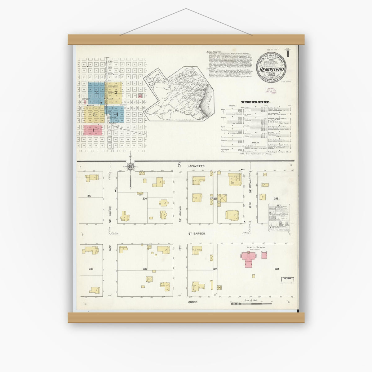 Old map wall art mockup — magnetic wood frame on white wall — Sanborn Fire Insurance Map from Hempstead, Waller County, Texas (1912), Sheet #0001