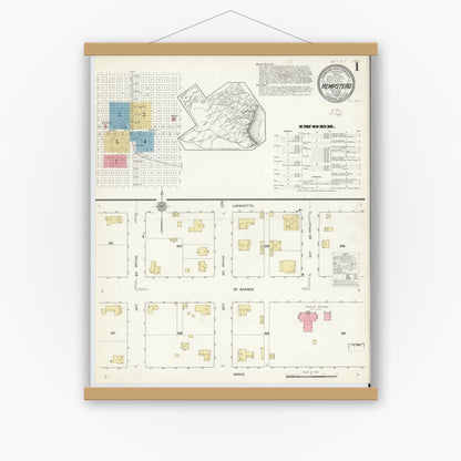Old map wall art mockup — magnetic wood frame on white wall — Sanborn Fire Insurance Map from Hempstead, Waller County, Texas (1912), Sheet #0001