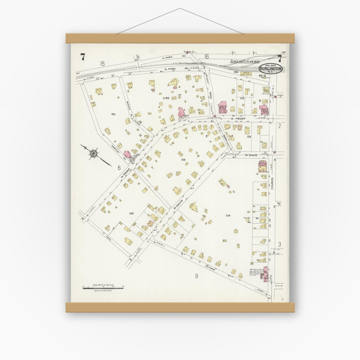 Old map wall art mockup — magnetic wood frame on white wall — Sanborn Fire Insurance Map from Burlington, Alamance County, North Carolina (1924), Sheet #0007