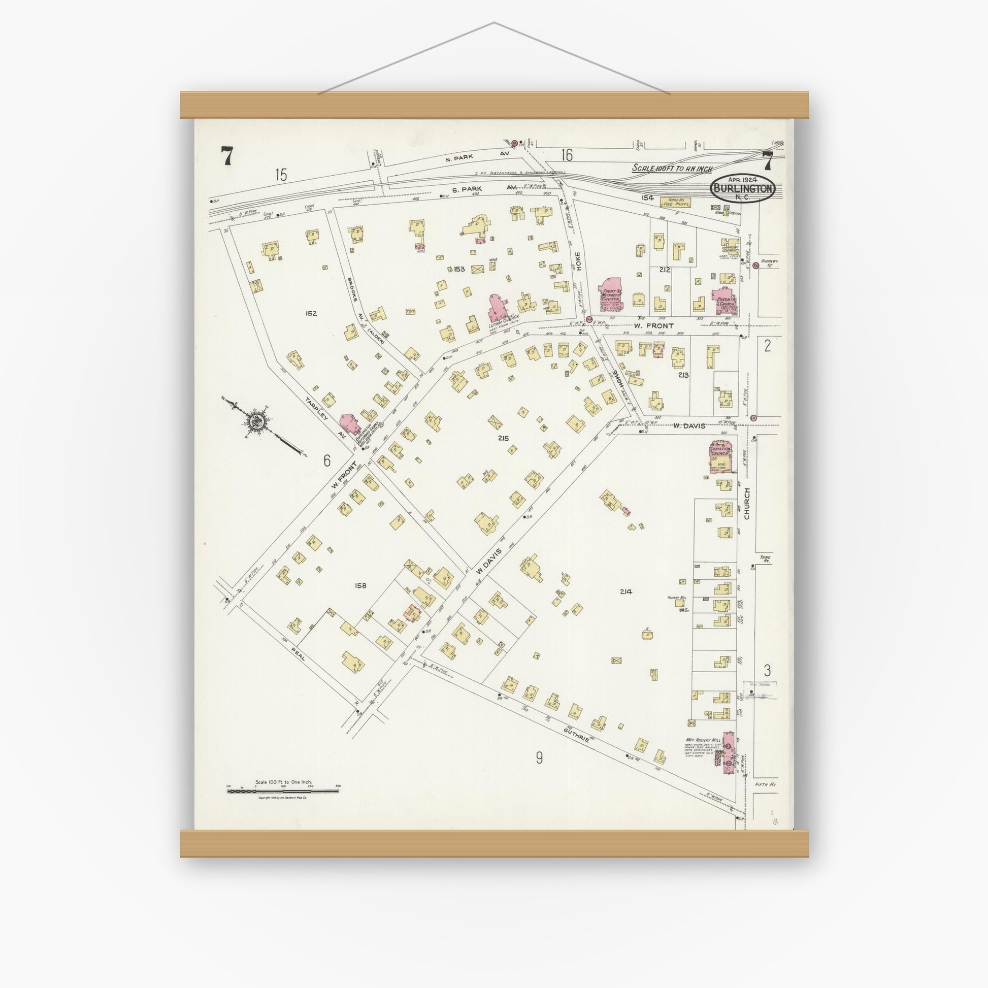Old map wall art mockup — magnetic wood frame on white wall — Sanborn Fire Insurance Map from Burlington, Alamance County, North Carolina (1924), Sheet #0007