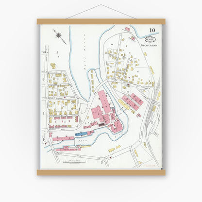 Old map wall art mockup — magnetic wood frame on white wall — Sanborn Fire Insurance Map from Ware, Hampshire County, Massachusetts (1919), Sheet #0010