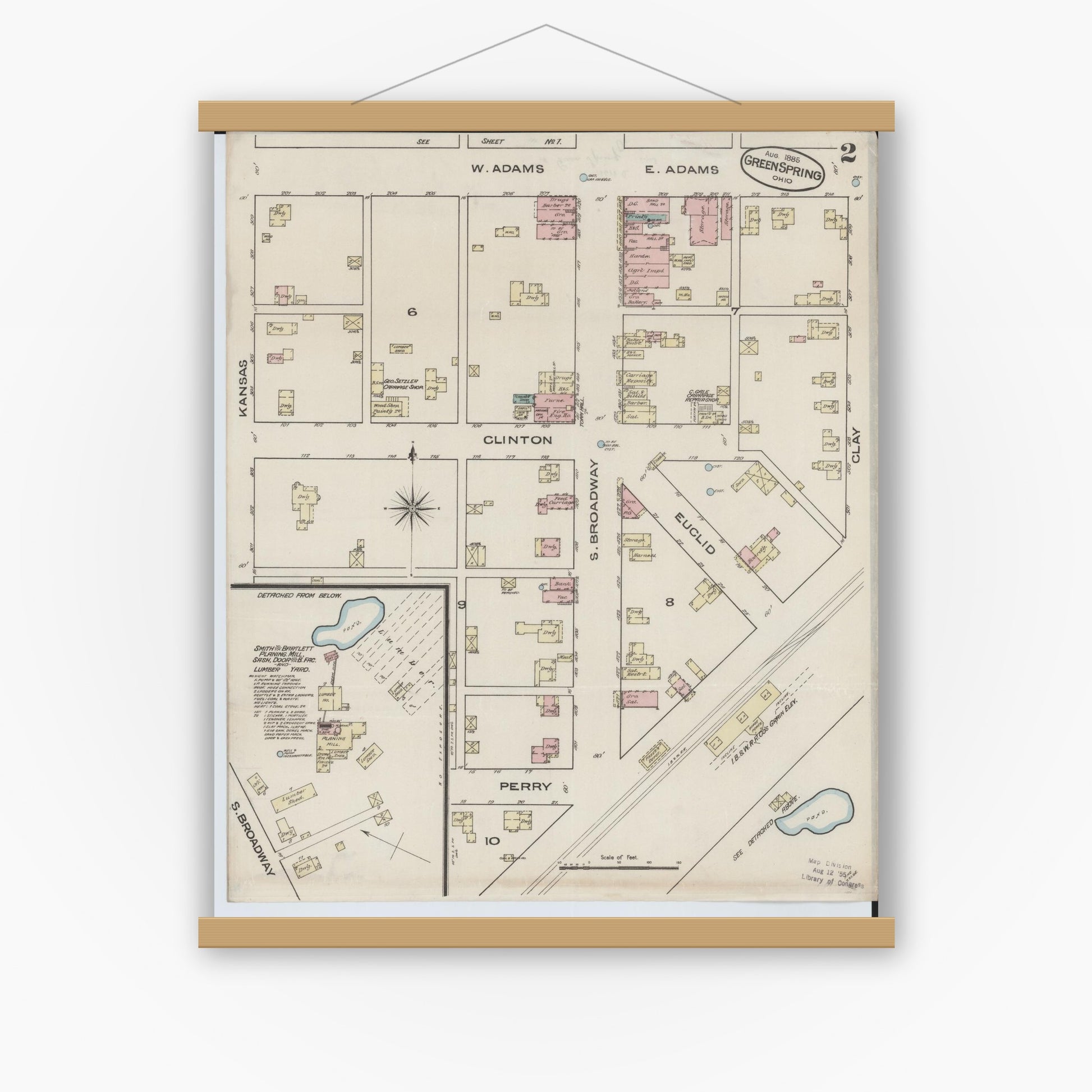 Old map wall art mockup — magnetic wood frame on white wall — Sanborn Fire Insurance Map from Green Springs, Sandusky And Seneca Counties, Ohio (1885), Sheet #0002
