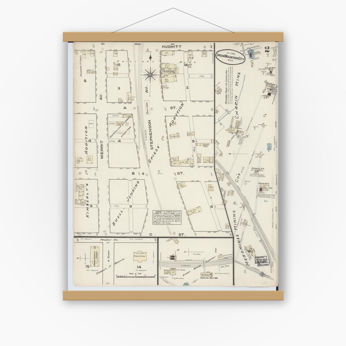 Old map wall art mockup — magnetic wood frame on white wall — Sanborn Fire Insurance Map from Iron Mountain, Dickinson County, Michigan (1884), Sheet #0002