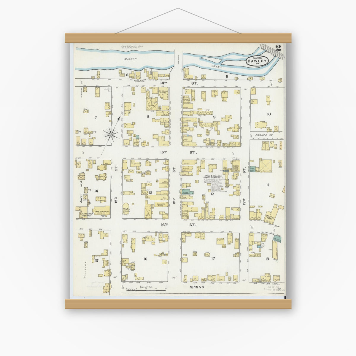 Old map wall art mockup — magnetic wood frame on white wall — Sanborn Fire Insurance Map from Hawley, Wayne County, Pennsylvania (1892), Sheet #0002