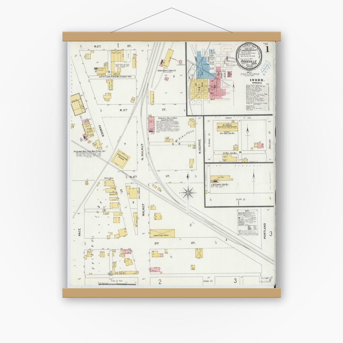 Old map wall art mockup — magnetic wood frame on white wall — Sanborn Fire Insurance Map from Ridgeville, Randolph County, Indiana (1899) - Complete Map Set