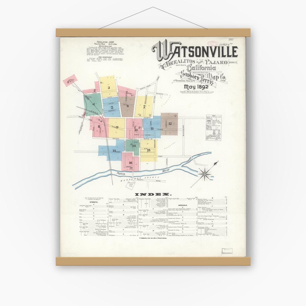 Old map wall art mockup — magnetic wood frame on white wall — Sanborn Fire Insurance Map from Watsonville, Santa Cruz County, California (1892) - Complete Map Set