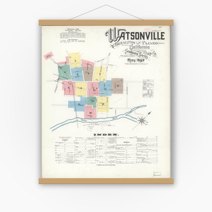 Old map wall art mockup — magnetic wood frame on white wall — Sanborn Fire Insurance Map from Watsonville, Santa Cruz County, California (1892) - Complete Map Set