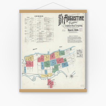 Old map wall art mockup — magnetic wood frame on white wall — Sanborn Fire Insurance Map from Saint Augustine, Saint John's County, Florida (1904), Sheet #0001