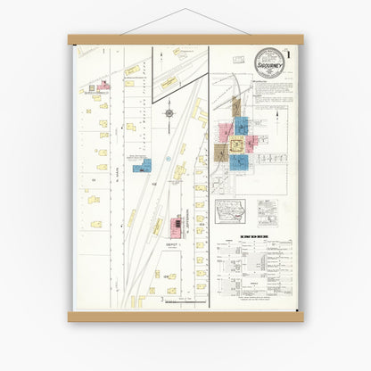 Old map wall art mockup — magnetic wood frame on white wall — Sanborn Fire Insurance Map from Sigourney, Kiokuk County, Iowa (1916), Sheet #0001