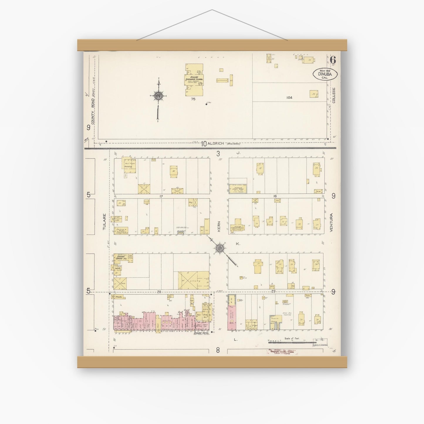 Old map wall art mockup — magnetic wood frame on white wall — Sanborn Fire Insurance Map from Dinuba, Tulare County, California (1912), Sheet #0006