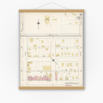 Old map wall art mockup — magnetic wood frame on white wall — Sanborn Fire Insurance Map from Dinuba, Tulare County, California (1912), Sheet #0006