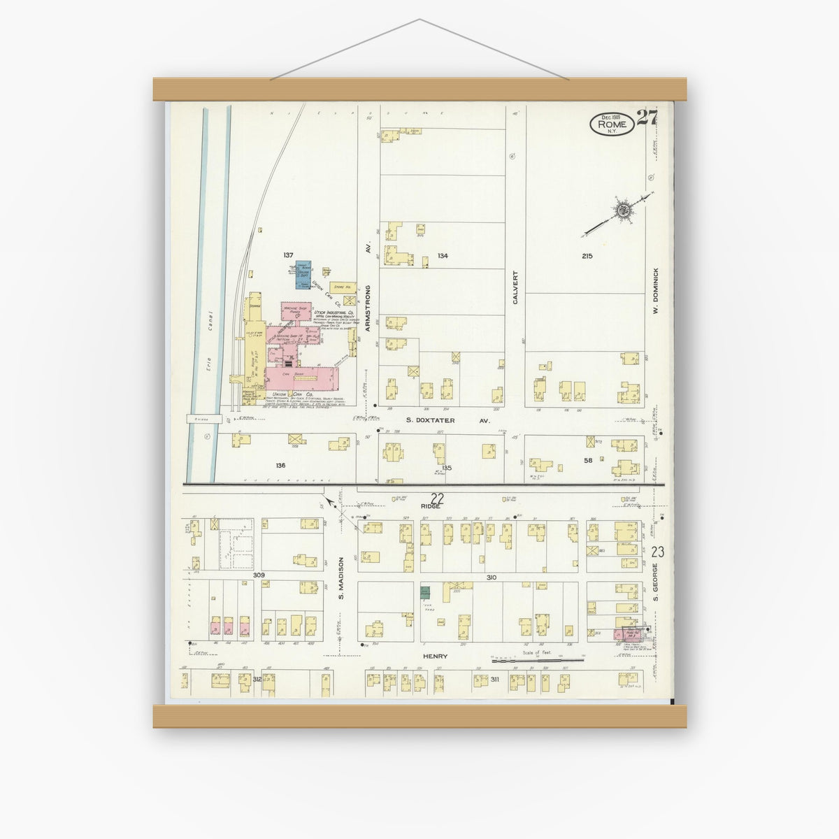 Old map wall art mockup — magnetic wood frame on white wall — Sanborn Fire Insurance Map from Rome, Oneida County, New York (1909), Sheet #0027