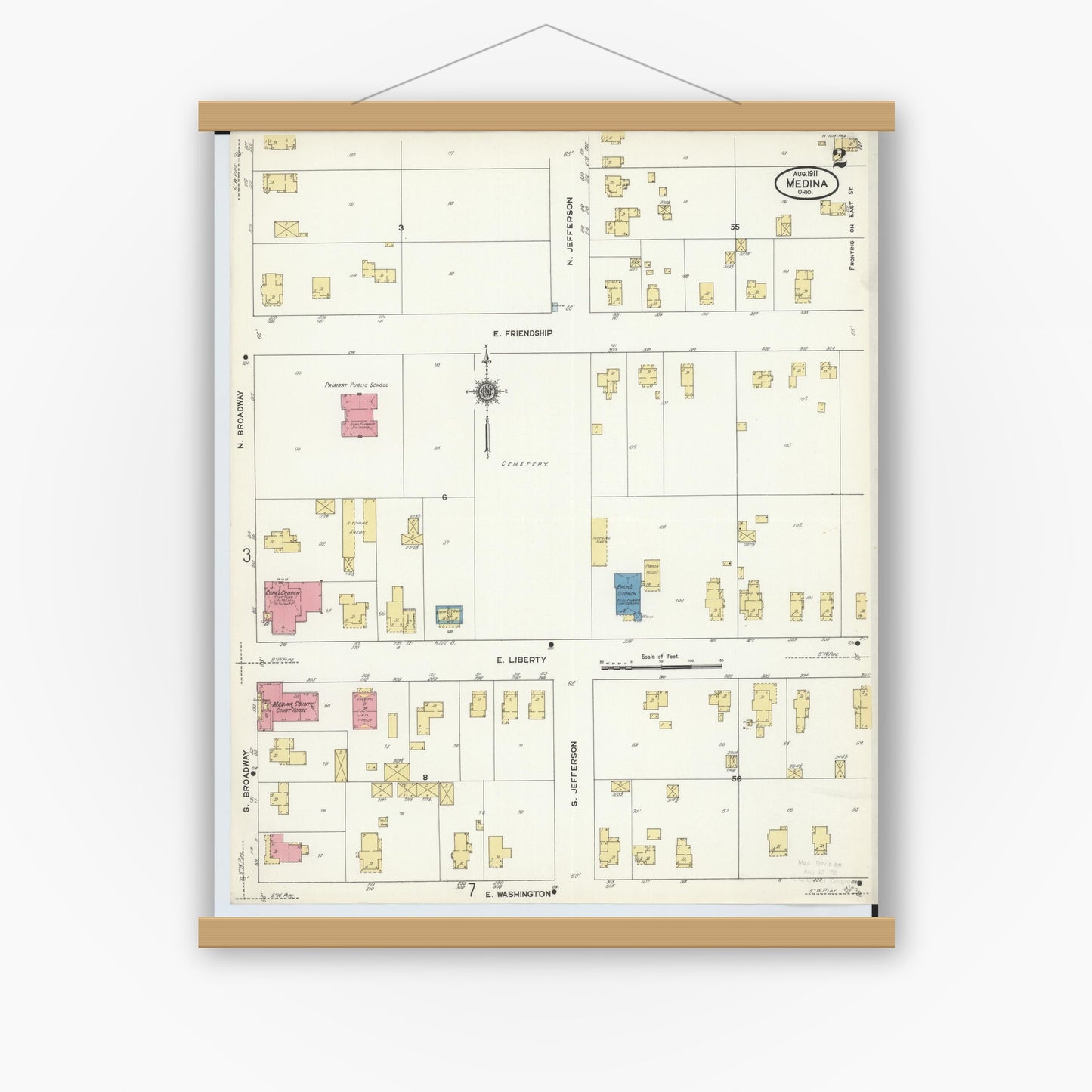 Old map wall art mockup — magnetic wood frame on white wall — Sanborn Fire Insurance Map from Medina, Medina County, Ohio (1911), Sheet #0002