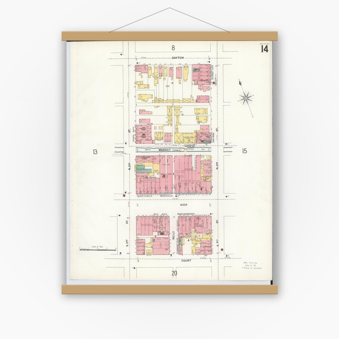 Old map wall art mockup — magnetic wood frame on white wall — Sanborn Fire Insurance Map from Hamilton, Butler County, Ohio (1899), Sheet #0014
