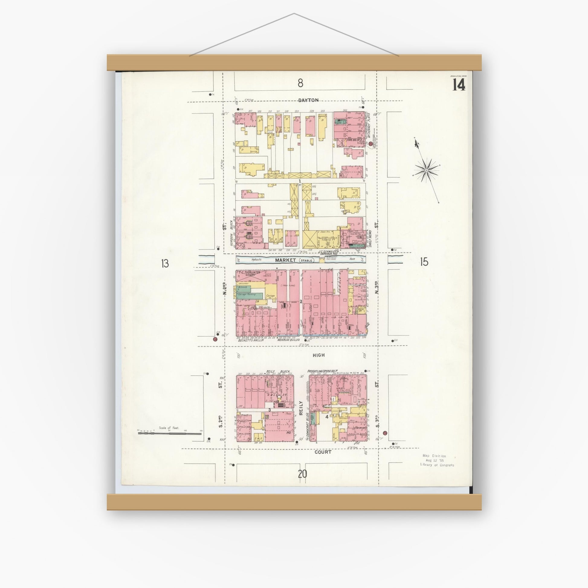 Old map wall art mockup — magnetic wood frame on white wall — Sanborn Fire Insurance Map from Hamilton, Butler County, Ohio (1899), Sheet #0014
