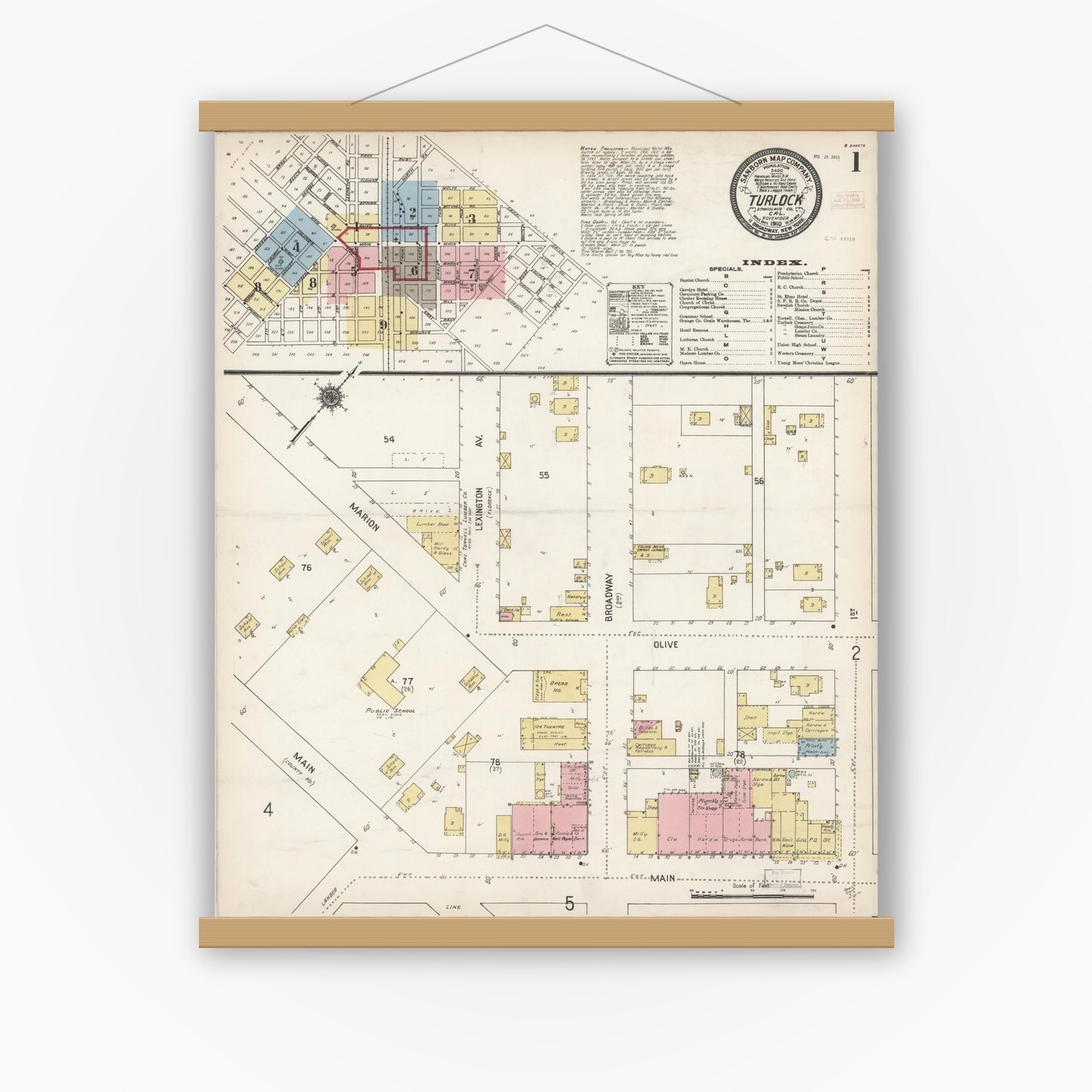 Old map wall art mockup — magnetic wood frame on white wall — Sanborn Fire Insurance Map from Turlock, Stanislaus County, California (1910) - Complete Map Set