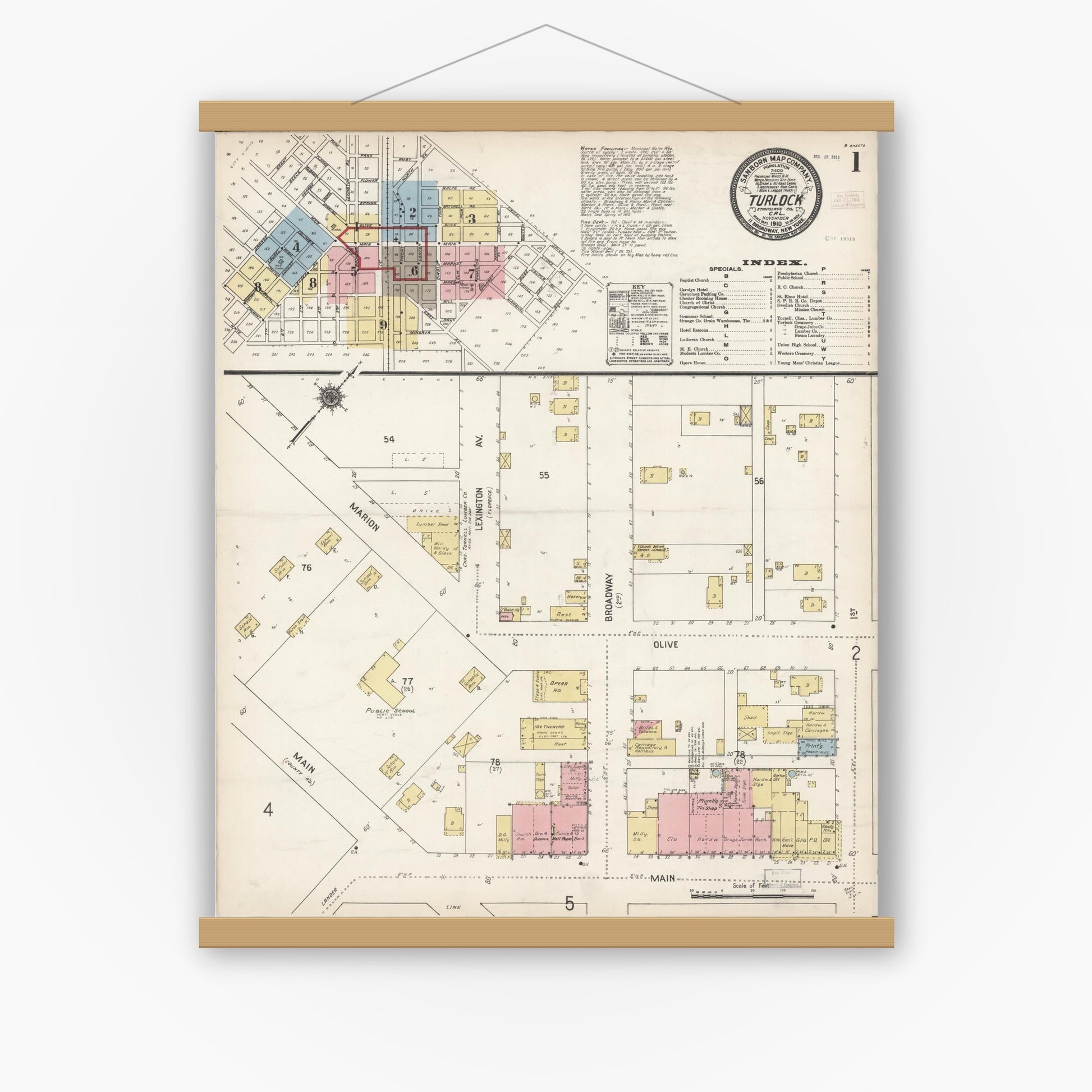 Old map wall art mockup — magnetic wood frame on white wall — Sanborn Fire Insurance Map from Turlock, Stanislaus County, California (1910) - Complete Map Set
