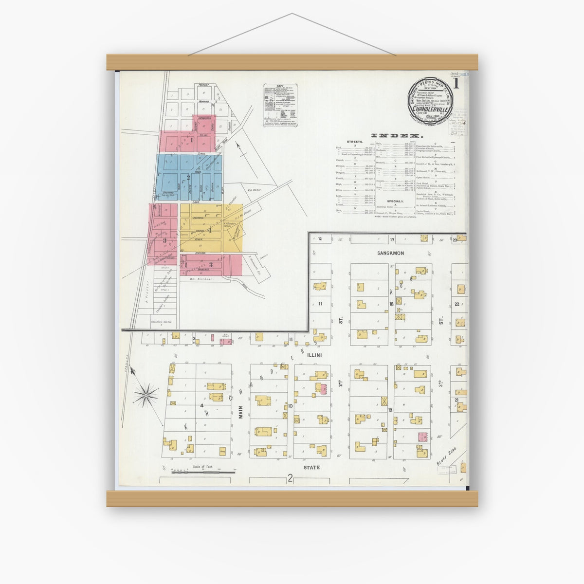 Old map wall art mockup — magnetic wood frame on white wall — Sanborn Fire Insurance Map from Chandlerville, Cass County, Illinois (1900) - Complete Map Set