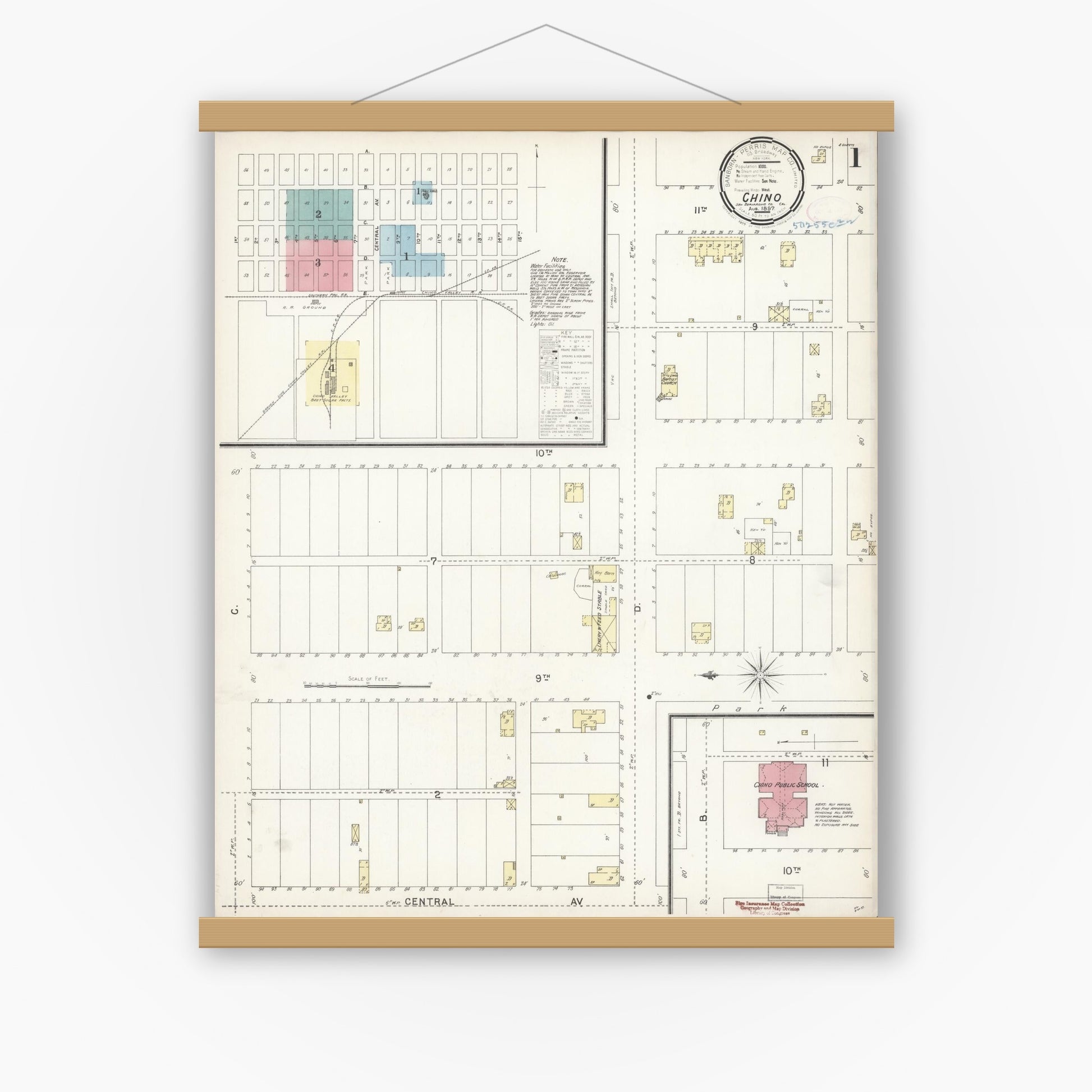 Old map wall art mockup — magnetic wood frame on white wall — Sanborn Fire Insurance Map from Chino, San Bernardino County, California (1897) - Complete Map Set