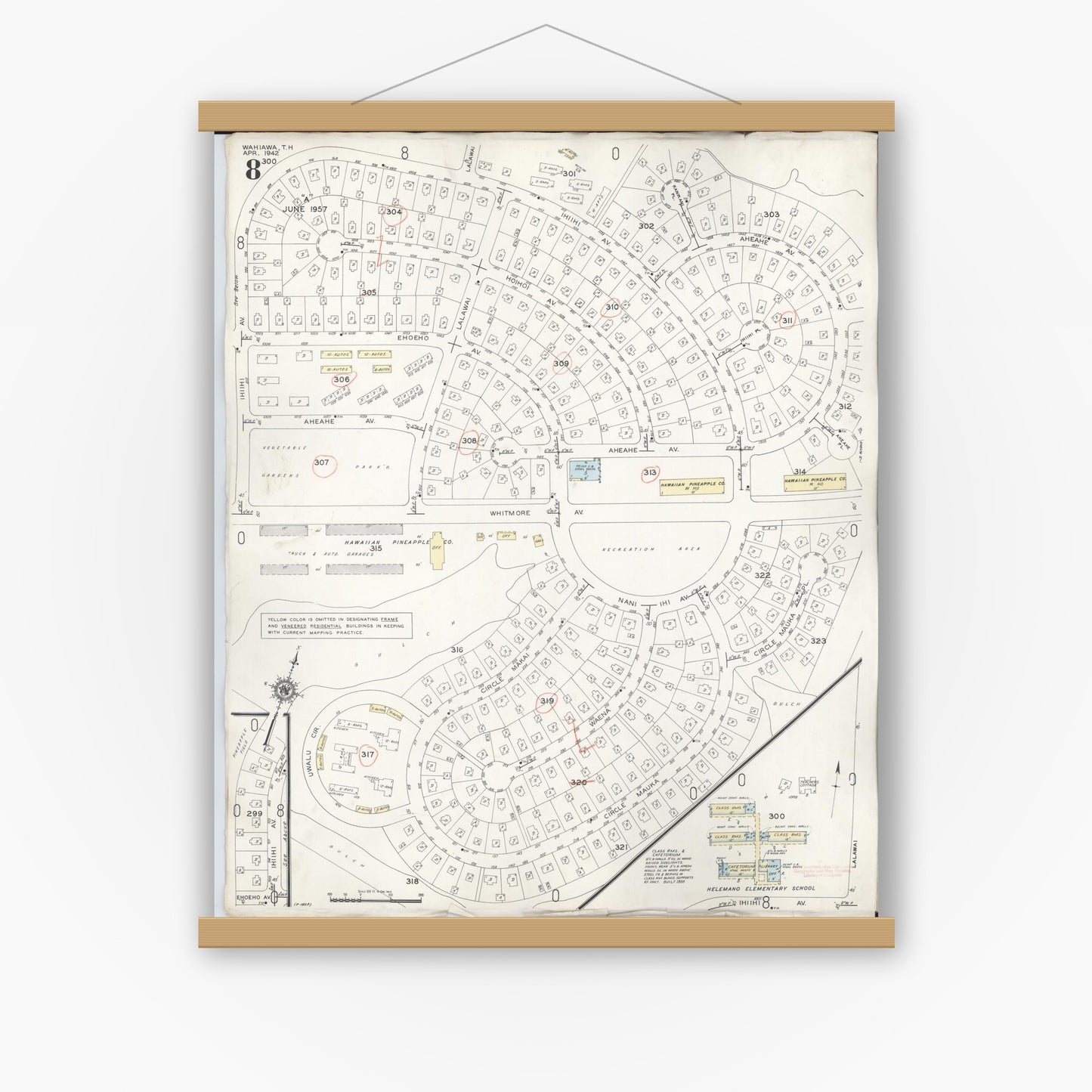 Old map wall art mockup — magnetic wood frame on white wall — Sanborn Fire Insurance Map from Wahiawa, Honolulu County, Hawaii (1957), Sheet #0008