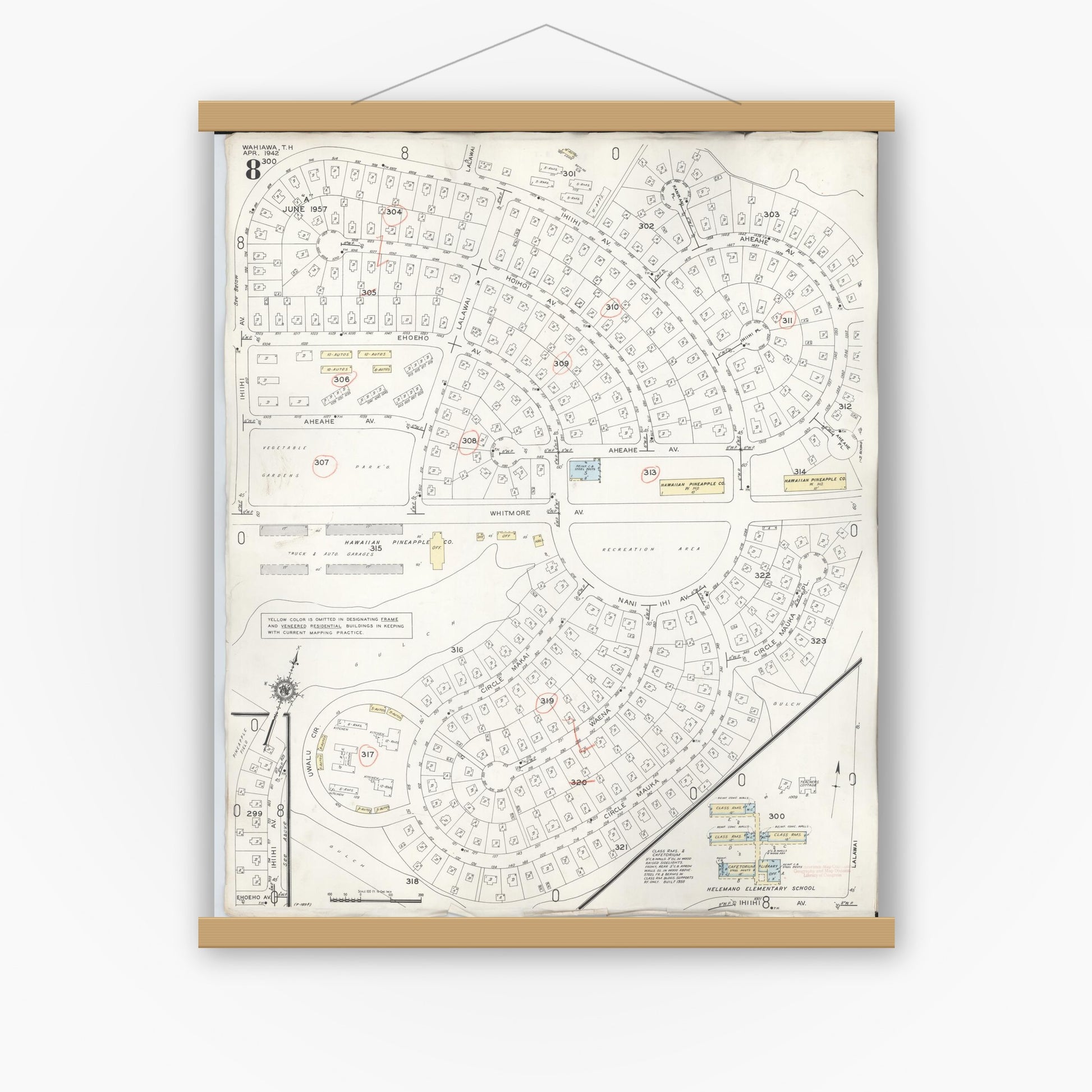 Old map wall art mockup — magnetic wood frame on white wall — Sanborn Fire Insurance Map from Wahiawa, Honolulu County, Hawaii (1957), Sheet #0008