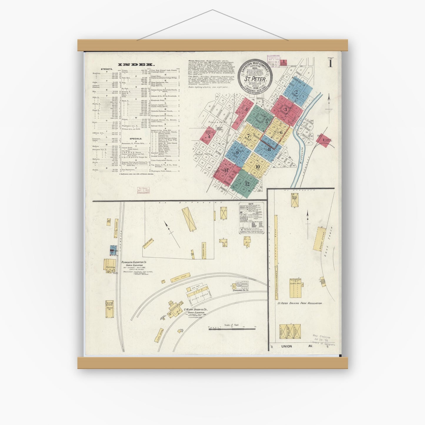Old map wall art mockup — magnetic wood frame on white wall — Sanborn Fire Insurance Map from Saint Peter, Nicollet County, Minnesota (1908) - Complete Map Set