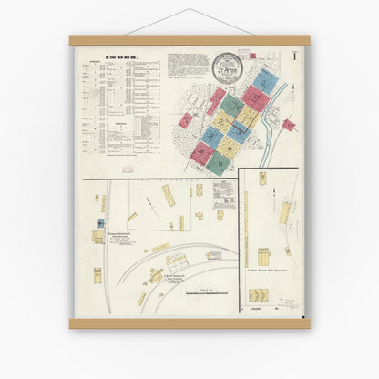 Old map wall art mockup — magnetic wood frame on white wall — Sanborn Fire Insurance Map from Saint Peter, Nicollet County, Minnesota (1908) - Complete Map Set