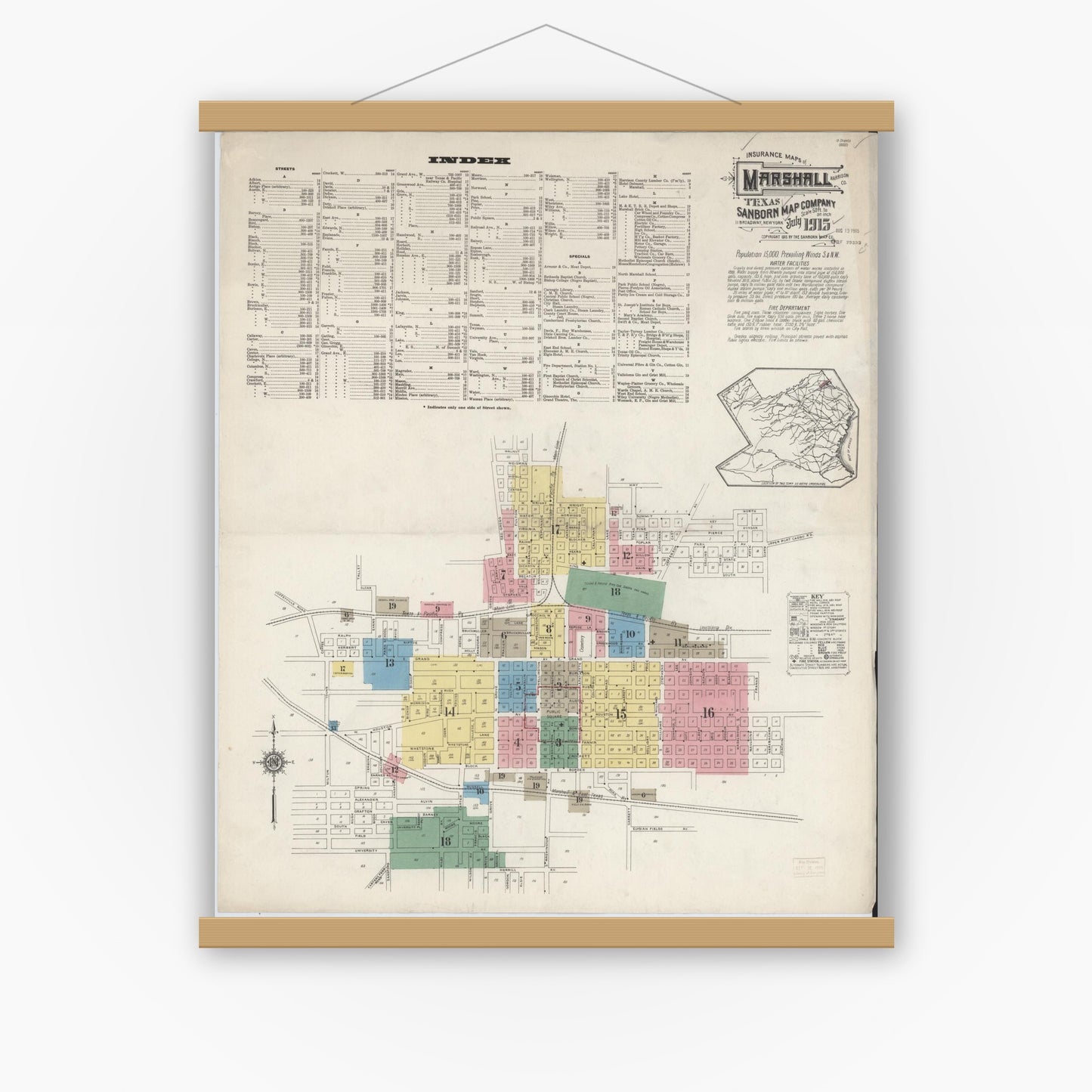 Old map wall art mockup — magnetic wood frame on white wall — Sanborn Fire Insurance Map from Marshall, Harrison County, Texas (1915), Sheet #0001