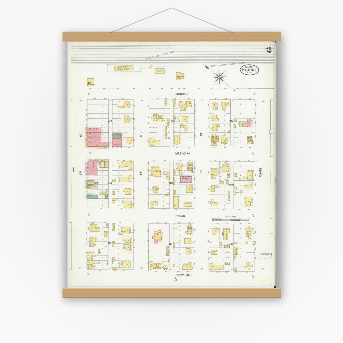 Old map wall art mockup — magnetic wood frame on white wall — Sanborn Fire Insurance Map from Hearne, Robertson County, Texas (1901), Sheet #0002