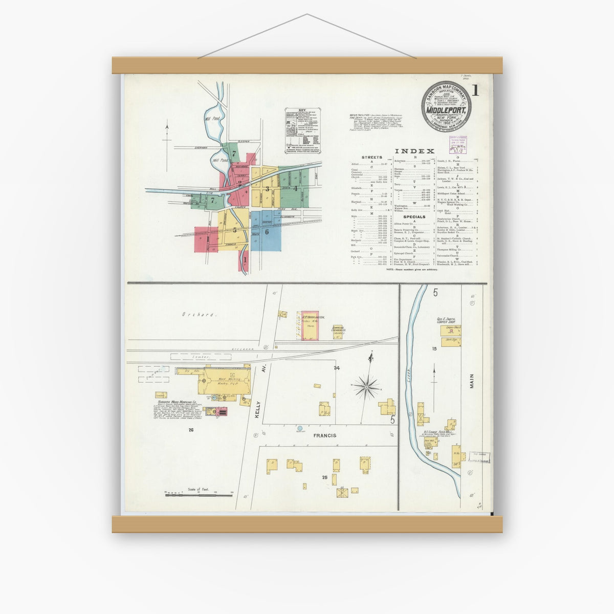 Old map wall art mockup — magnetic wood frame on white wall — Sanborn Fire Insurance Map from Middleport, Niagara County, New York (1905) - Complete Map Set