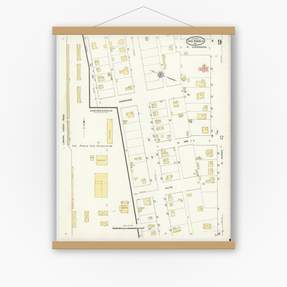 Old map wall art mockup — magnetic wood frame on white wall — Sanborn Fire Insurance Map from San Angelo, Tom Green County, Texas (1913), Sheet #0009