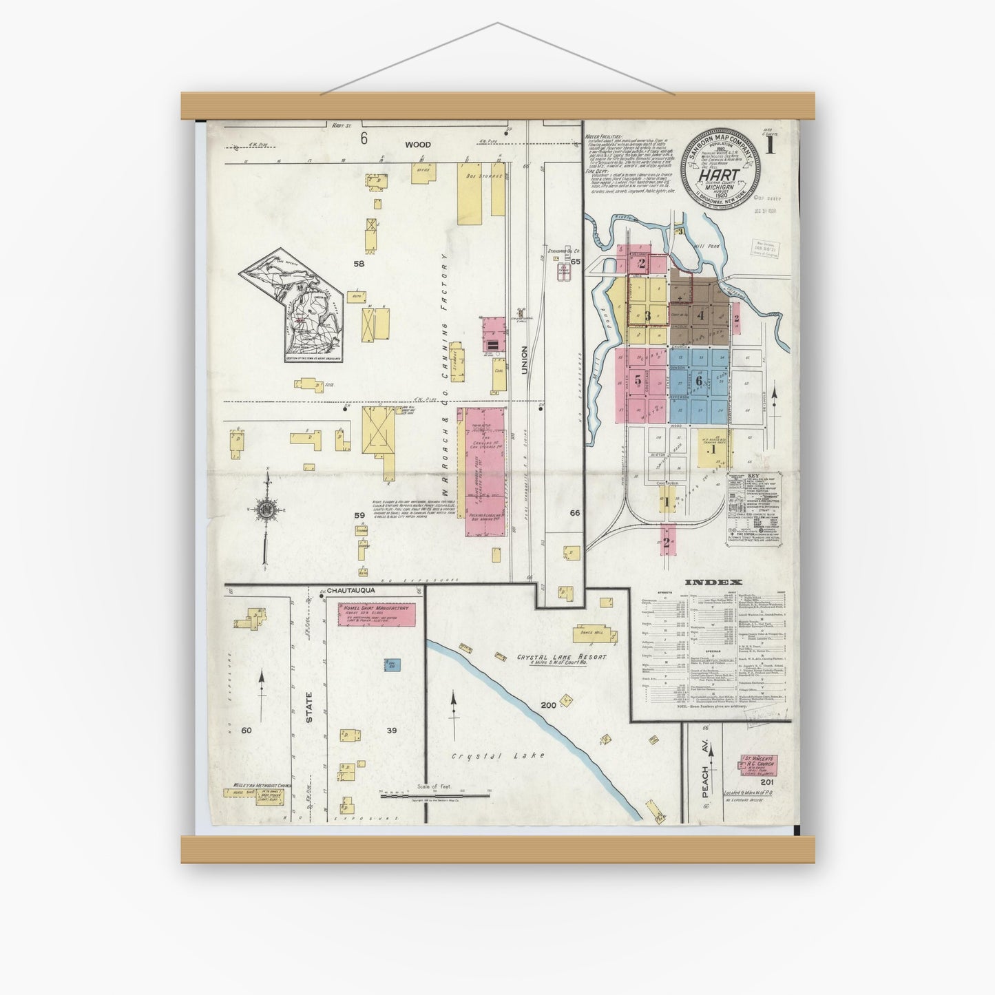 Old map wall art mockup — magnetic wood frame on white wall — Sanborn Fire Insurance Map from Hart, Oceana County, Michigan (1920) - Complete Map Set