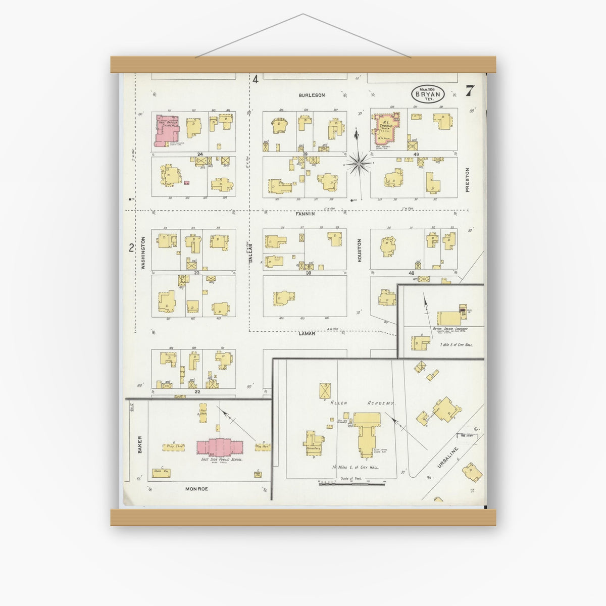 Old map wall art mockup — magnetic wood frame on white wall — Sanborn Fire Insurance Map from Bryan, Brazos County, Texas (1906), Sheet #0007